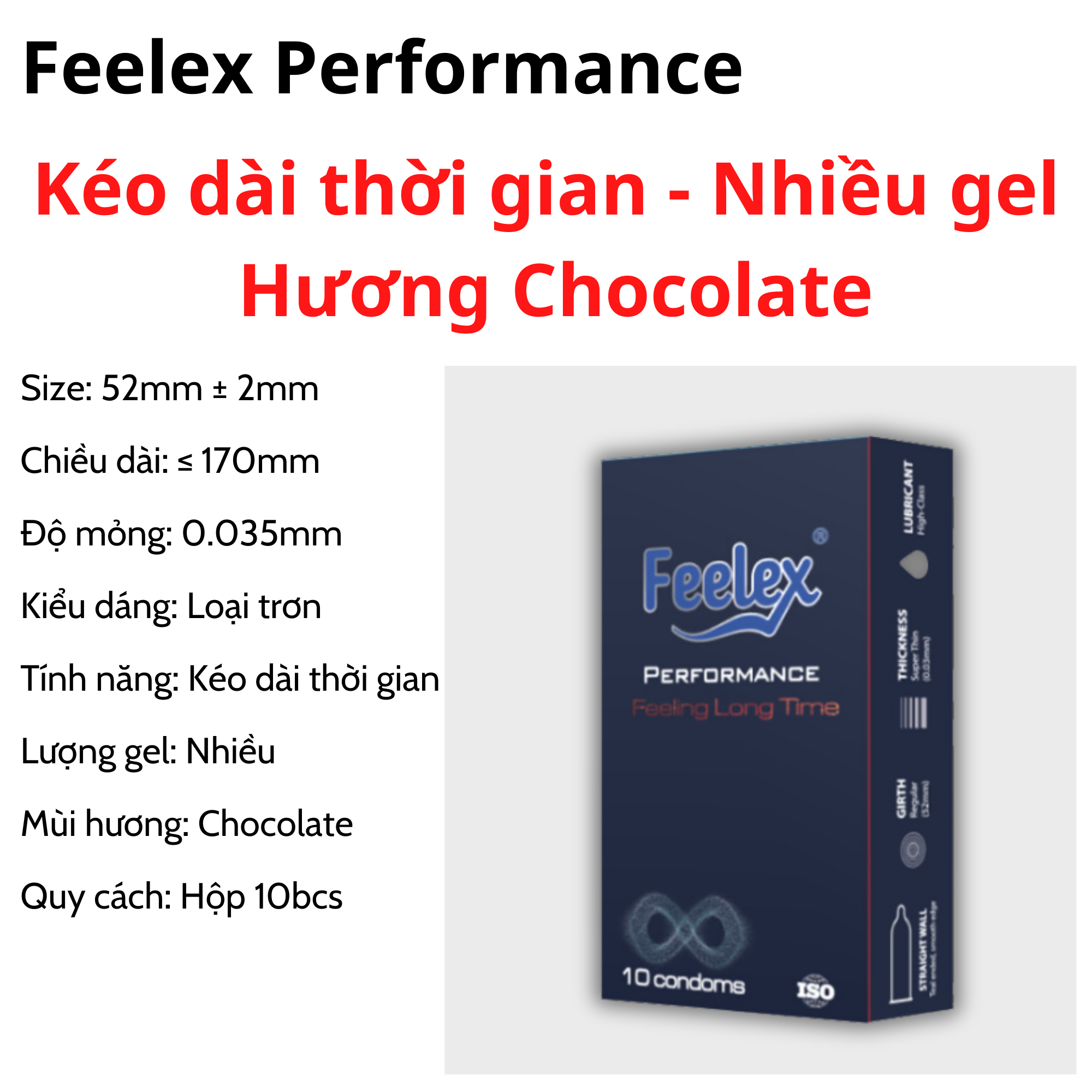 Bao cao su Feelex Performance kéo dài thời gian quan hệ, nhiều gel bôi trơn, hương socola - Hộp 10 chiếc