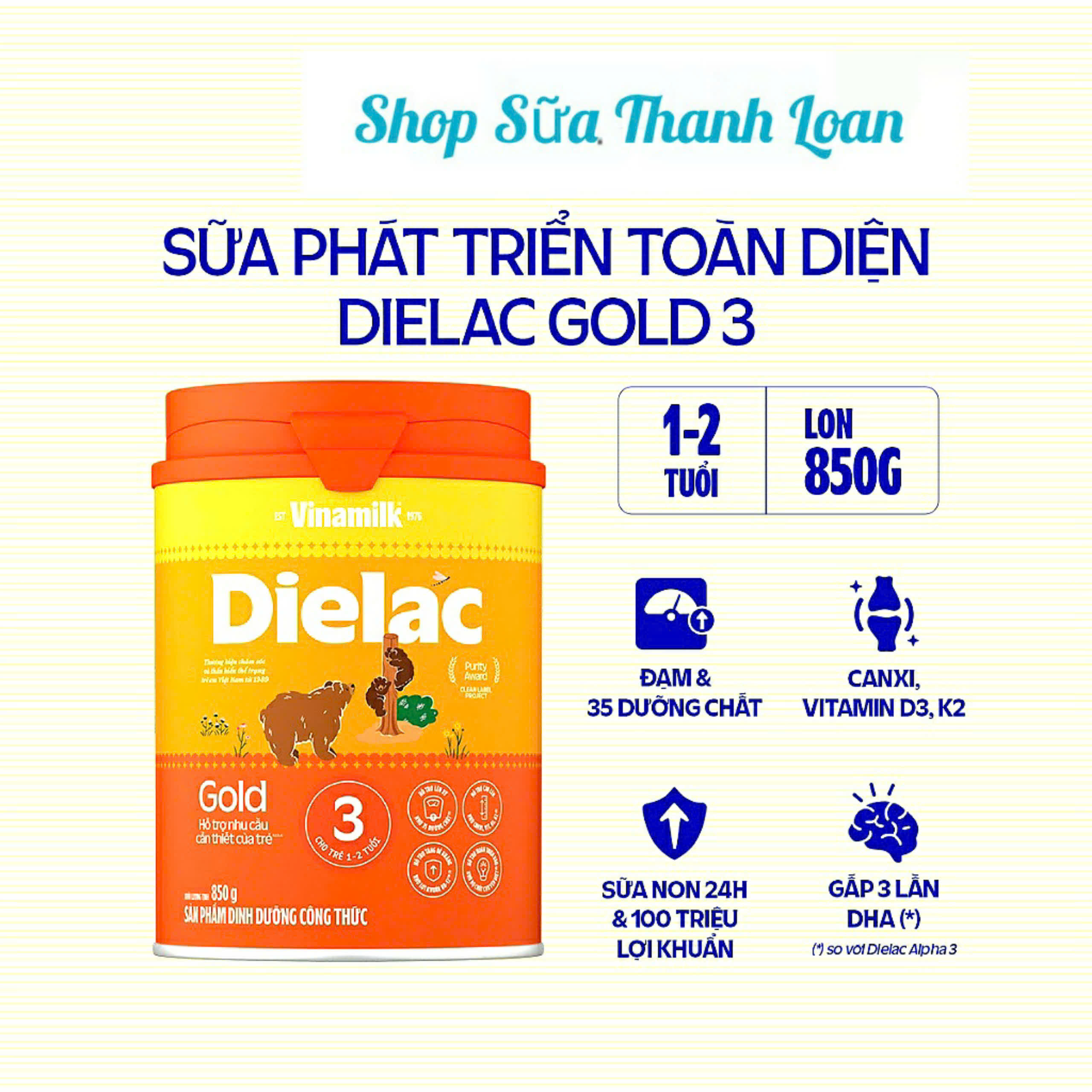 (Mẫu Mới) Sữa Bột Vinamilk Dielac Gold 3 850g.