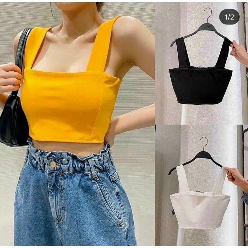 Áo 2 dây bản to nữ cổ vuông dáng croptop trơn phong cách