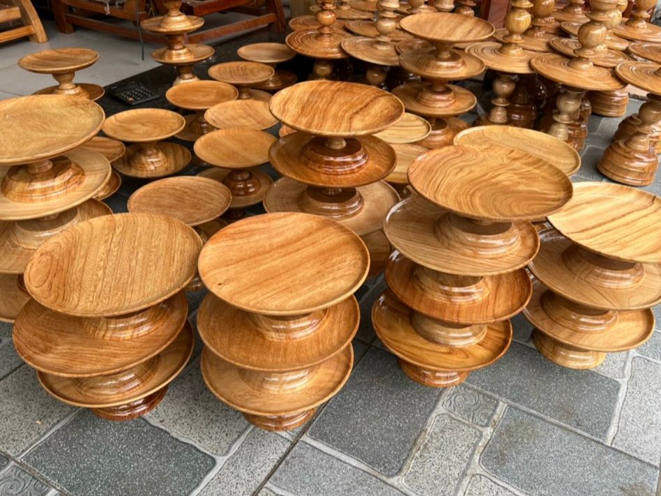 Mâm bồng - Đĩa trưng hoa quả bàn thờ cúng gỗ gõ mặt 27 cm