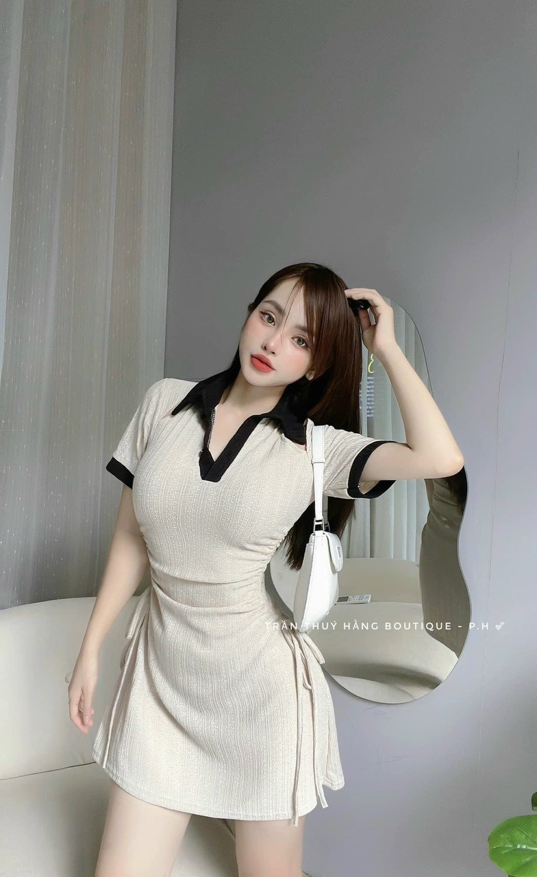 Đầm thun gân body váy polo tay ngắn rút dây eo tôn dáng mặc đi chơi 3 màu cơ bản trắng đen nâu sành điệu