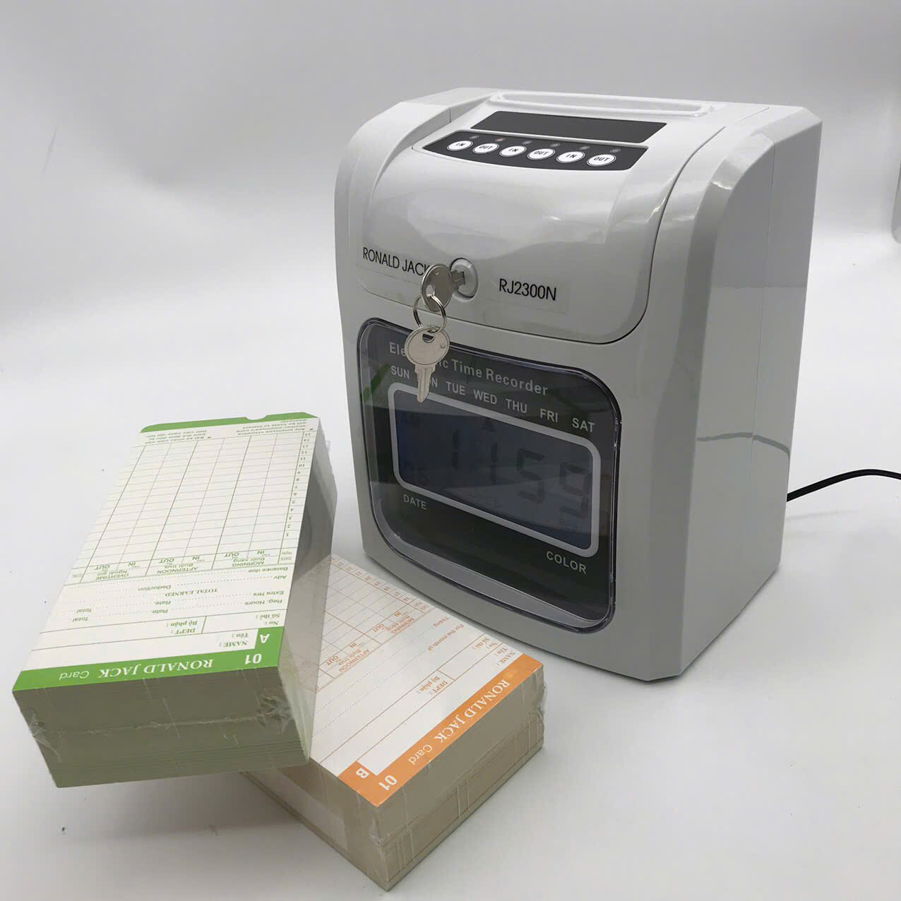 RJ-2300A/N Máy châm công thẻ giấy, đồng hồ kim, màu trắng xám, in 6 cột, tặng 200 thẻ, tích hợp loa, phù hợp 100-350 nhân viên
