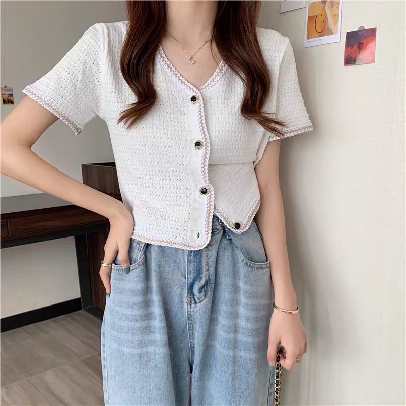 Áo sơ mi kiểu nữ dệt kim sơ mi nữ tay ngắn cổ V cúc ngọc viền thời trang thiết kế Quảng Châu cao cấp