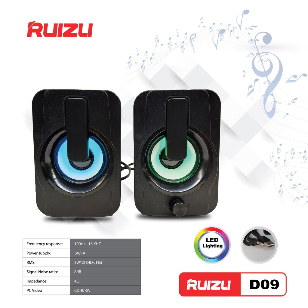 Loa 2.0 ruizu d09 led, công suất 6w, 4 ôm, loa vi tính được ưa chuộng trong tầm gía .