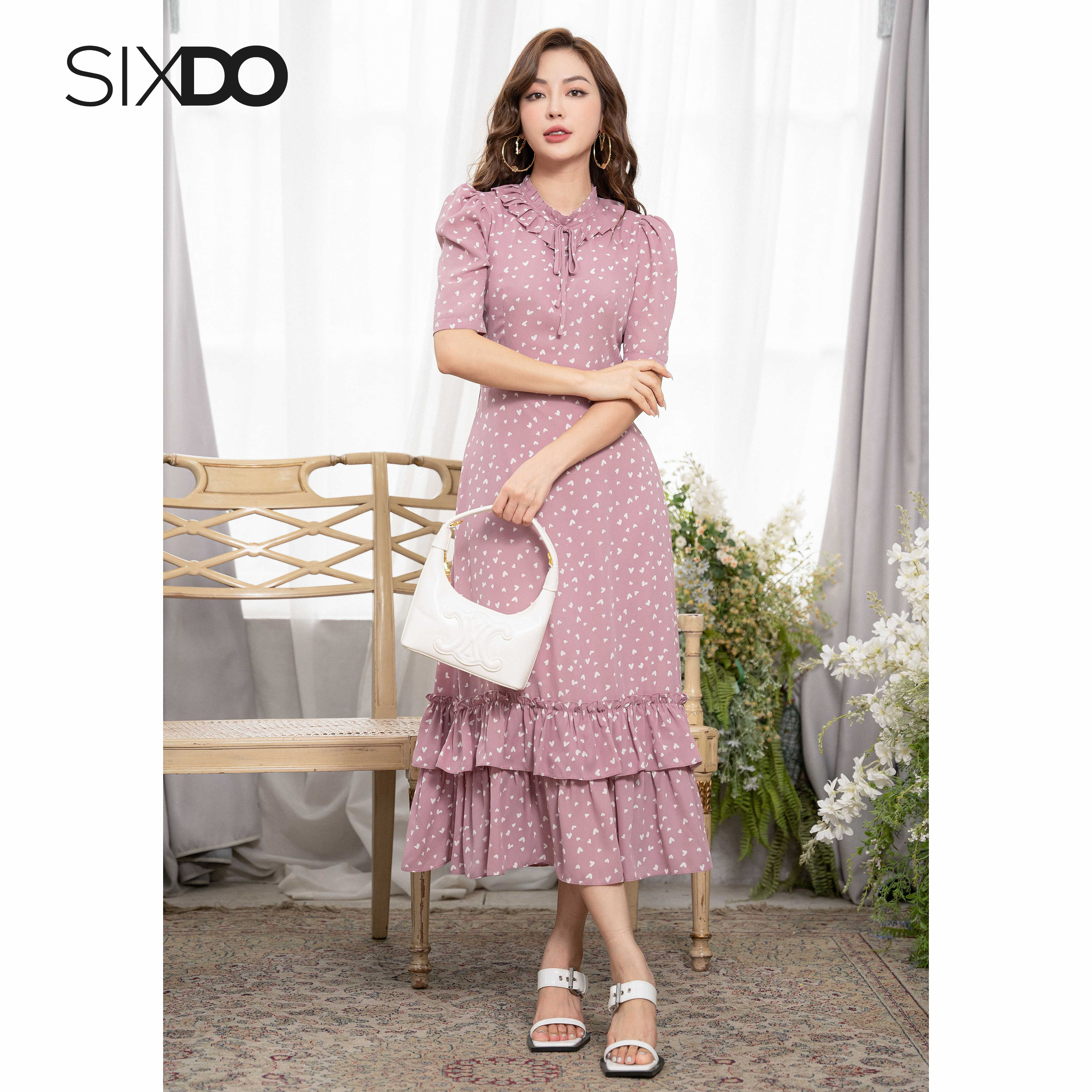 Đầm chiffon cổ bèo họa tiết trái tim SIXDO (Midi Chiffon Dress)
