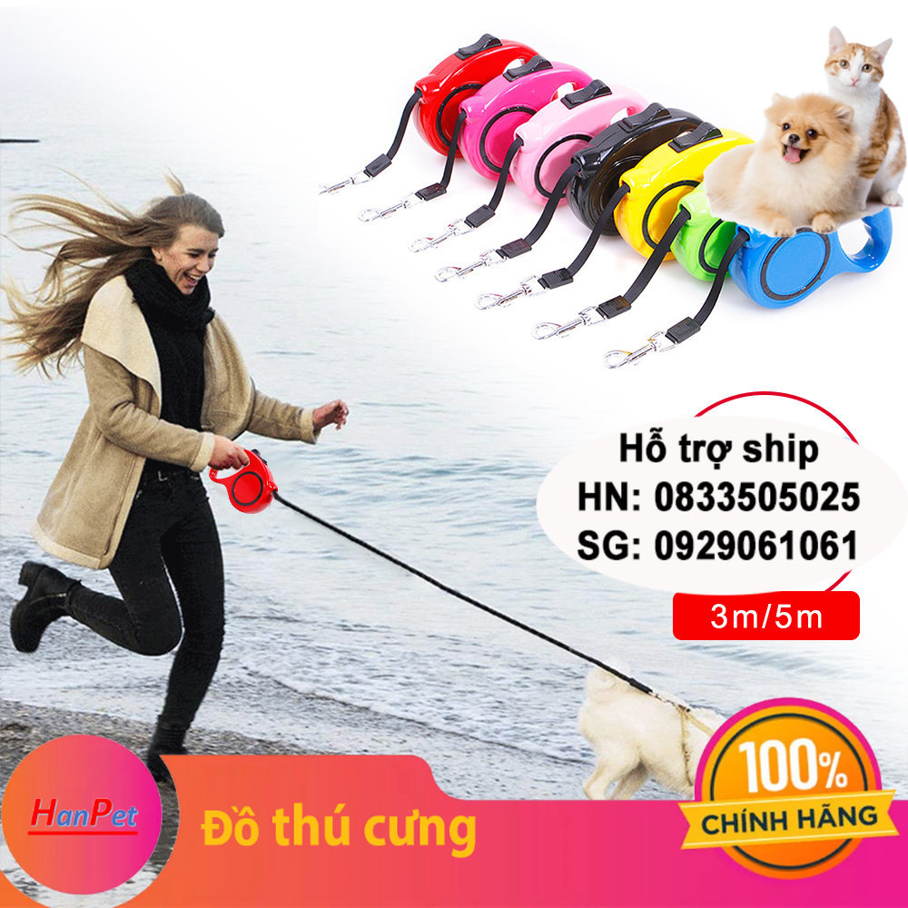 Hanpet - – Dây dắt chó mèo- Dây dắt tự động co rút (3m và 5m) màu ngẫu nhiên dùng cho chó mèo dưới 20kg