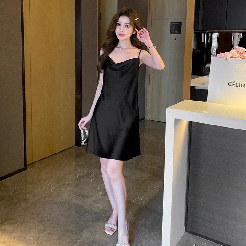 Đầm Ngủ Mặc Nhà Đầm Hai Dây Lụa Satin AMANTA12AMTP