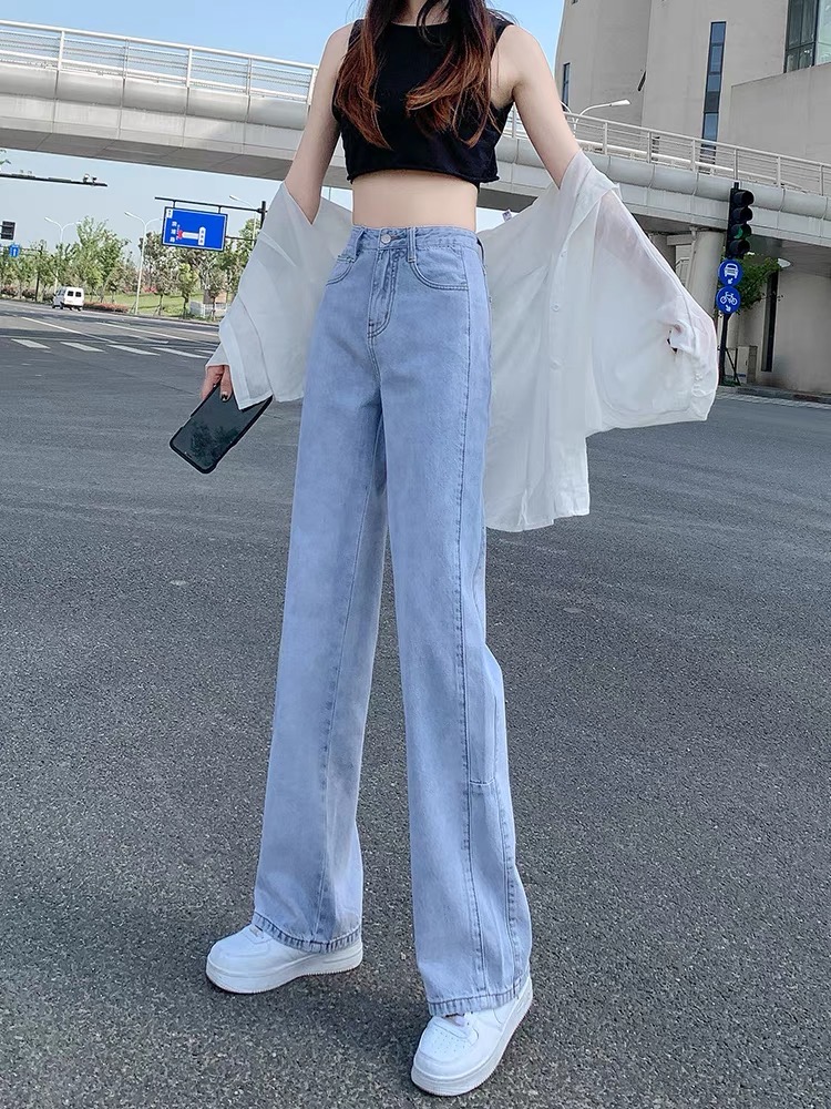 FREESHIP QUẦN ỐNG RỘNG QUẦN ỐNG SUÔNG TRẮNG VẢI JEANS NỮ LƯNG CAO KHÔNG XÙ LÔNG KHÔNG RA MÀU