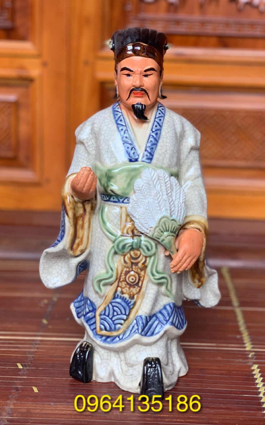 Tượng Khổng Minh h30cm men rạn gốm sứ Bát Tràng