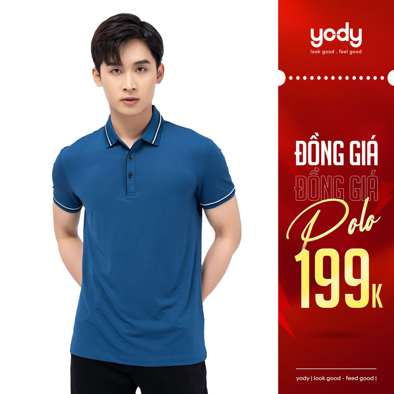 628Áo thun có cổ Polo Nam YODY Coolmax vải cá sấu xuất sịn phối bo kẻ co giãn thoáng mát APM3681822