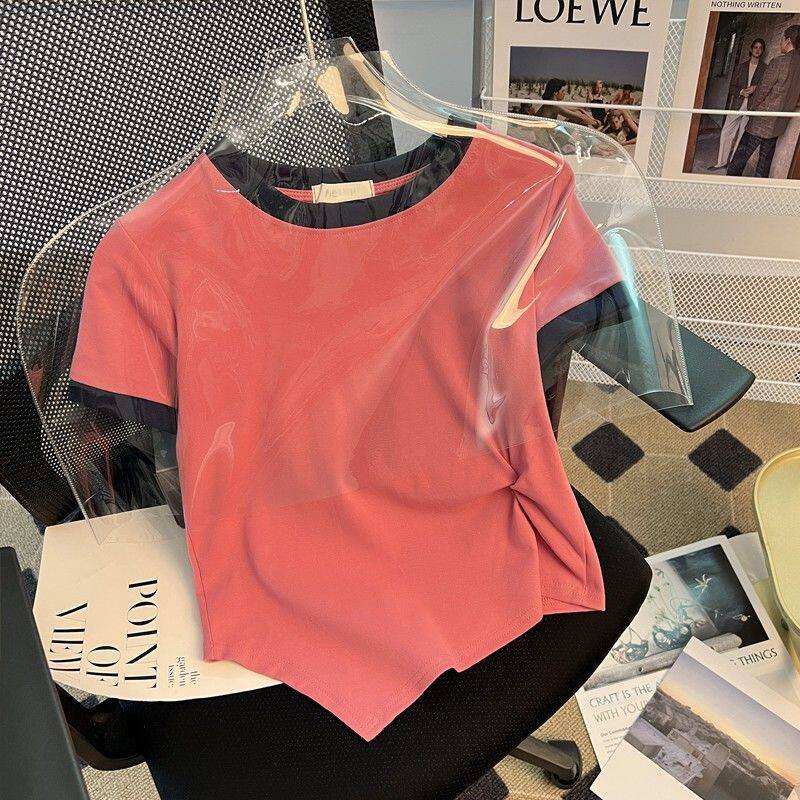 Korean version of solid color simple cotton T-shirt design irregular fashion all-match top