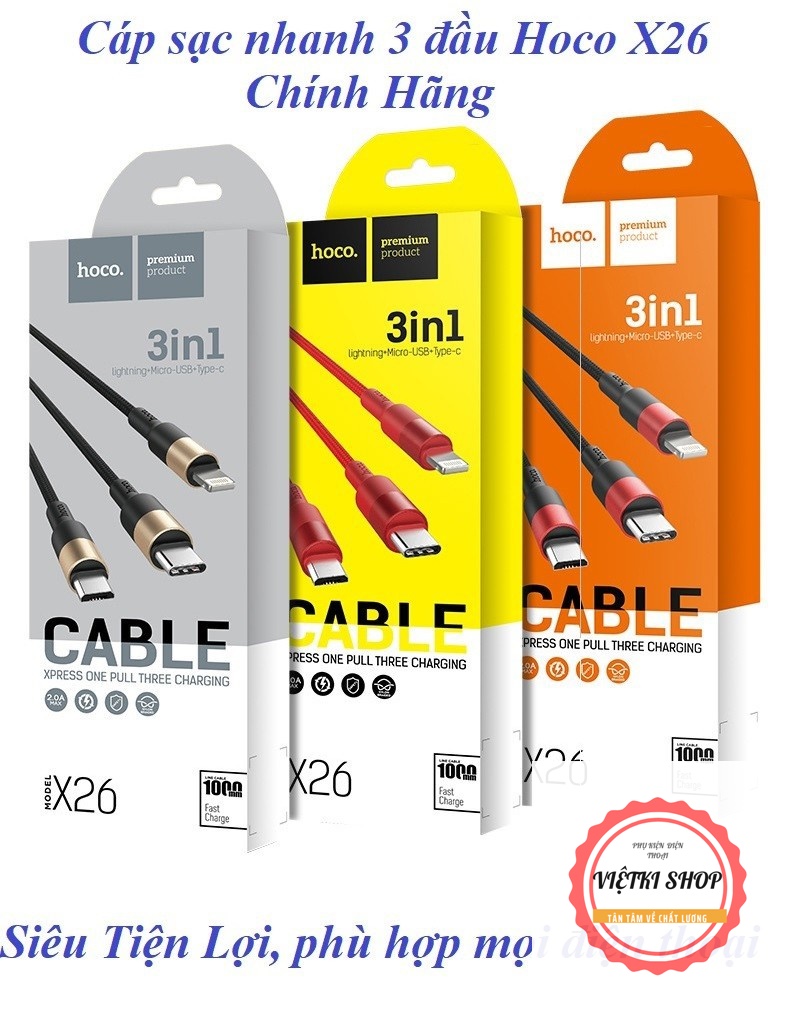 Cáp sạc 3 đầu Hoco X26 dài 1M dùng cho các dòng điện thoại android-type C-lightning