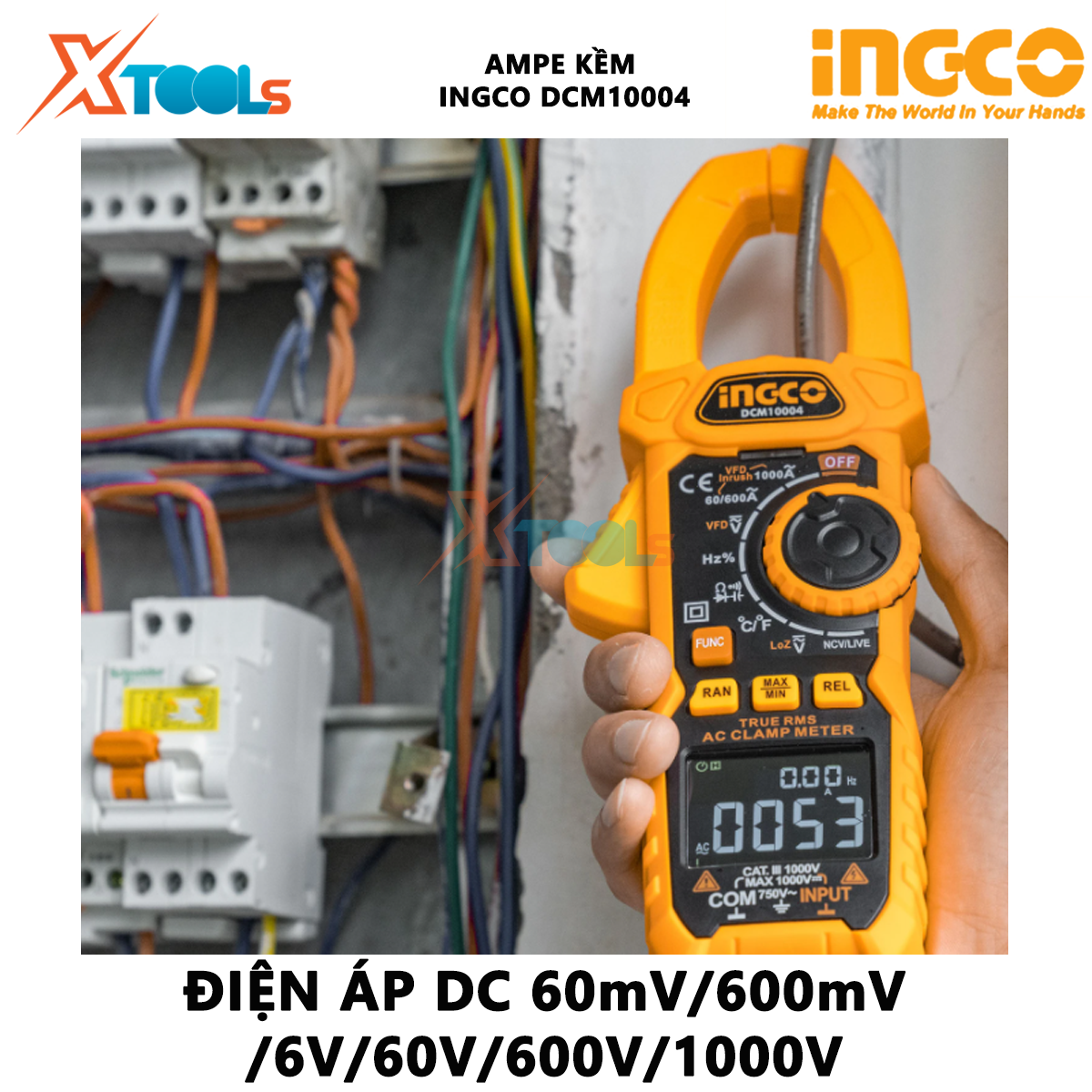 Đồng hồ kẹp AC/DC INGCO DCM10004 | ampe kìm Kỹ thuật số 6000 đếm, lưu dữ liệu,  đồng hồ vạn năng đo điện áp, điện trở, tần số