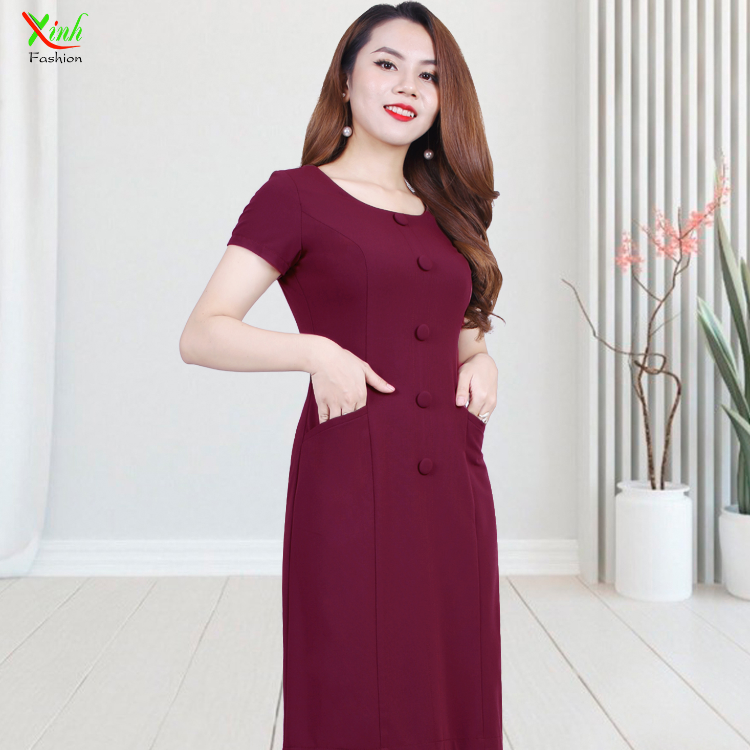 Đầm Suông Cổ Điển Phối Cúc Che Bụng Vải Mềm Mát DL508-776