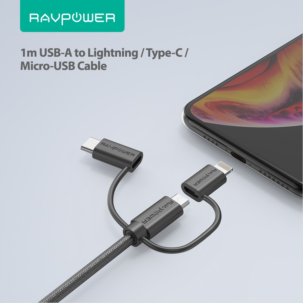 Cáp sạc nhanh 3 in 1 RAVPower CB021 - Type C - Lightning - Micro USB [BH12T]