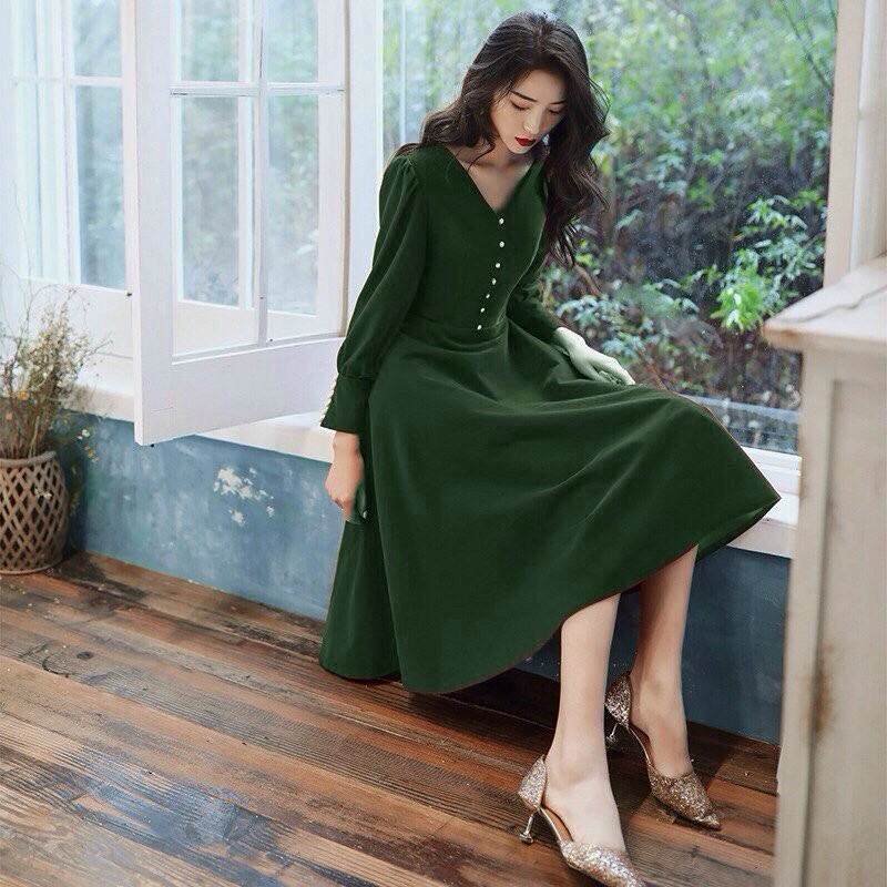 ĐẦM xòe CÔ DÂU tay dài CỔ V ĐÍNH NÚT