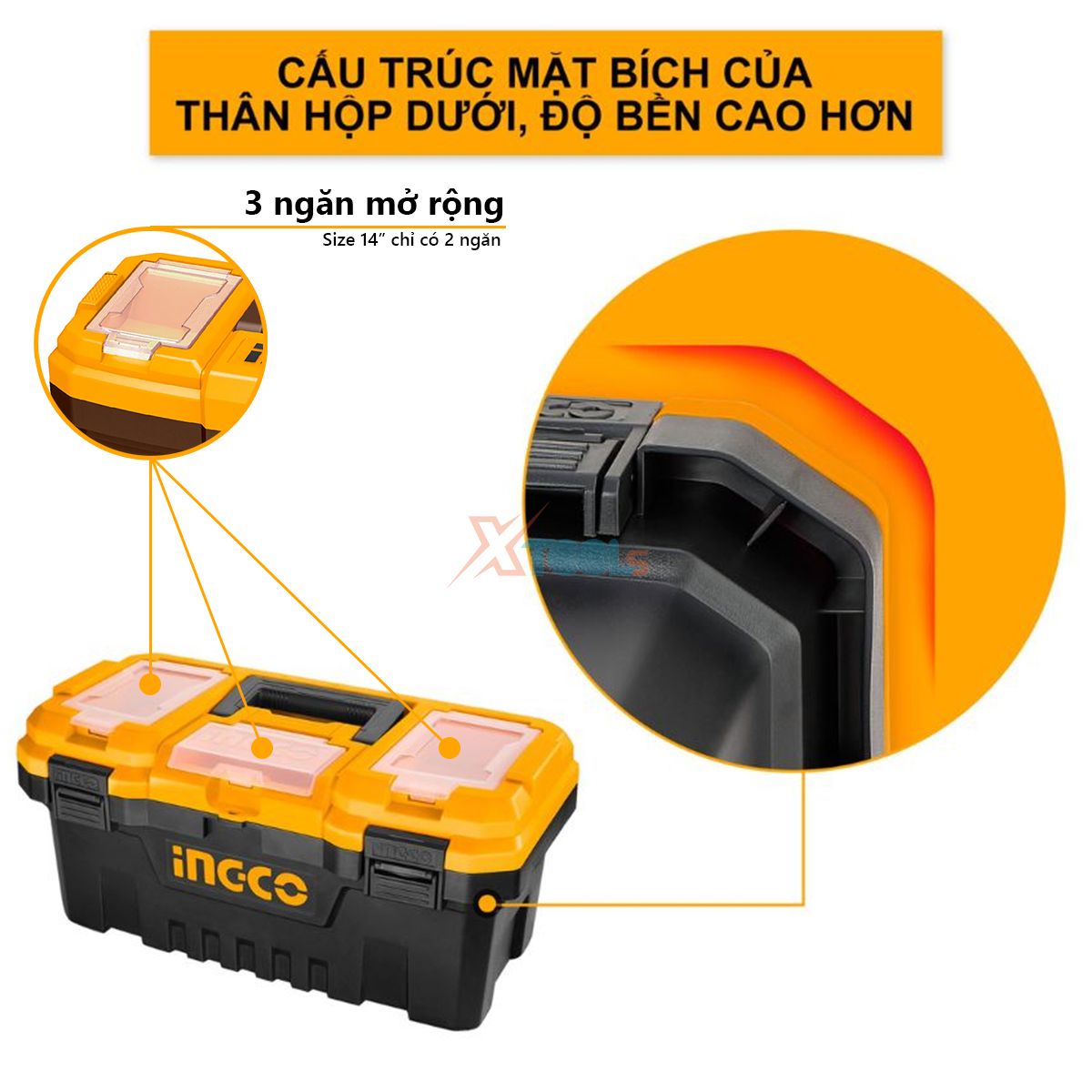 Thùng đựng đồ nghề đa năng INGCO 14-17-20 inch | hộp đồ nghề/dụng cụ 5 ngăn nhựa PP chịu lực cao, chống va đập, khóa kim loại hoặc khóa sắt