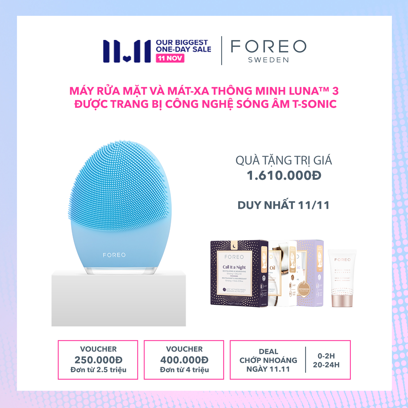 [FOREO CHÍNH HÃNG] Máy rửa mặt LUNA 3 dành cho da hỗn hợp, có thể sạc, bảo hành 2 năm,...