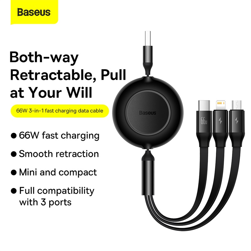 Baseus 3 in 1 USB C Cable 66W 110CM Retractable Type C Micro USB Cable For Macbook Samsung 6A Fast Charge Data Wire Cord