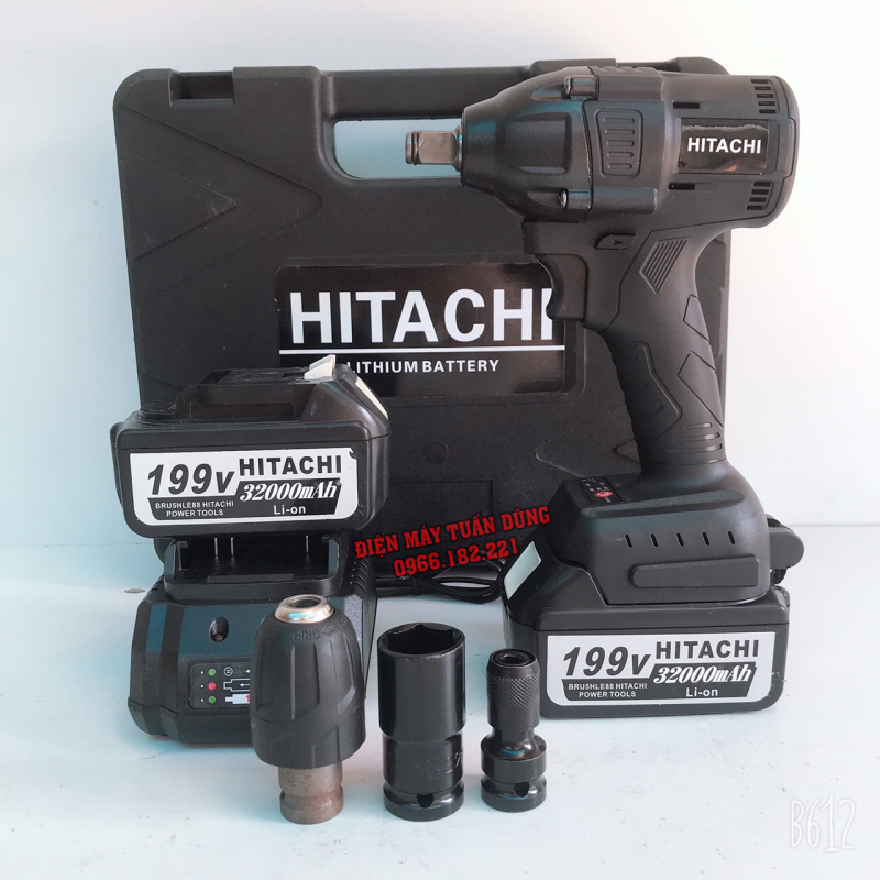 Máy siết mở ốc bulong Hitachi cầm tay 199V Kèm 2 pin - Tặng 1 đầu chuyển vít + 1 đầu khẩu 22 + 1 đầu khoan 10N