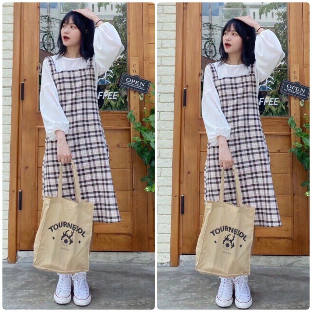 Váy yếm sọc caro phong cách Nhật Bản - sakurafashion.vn