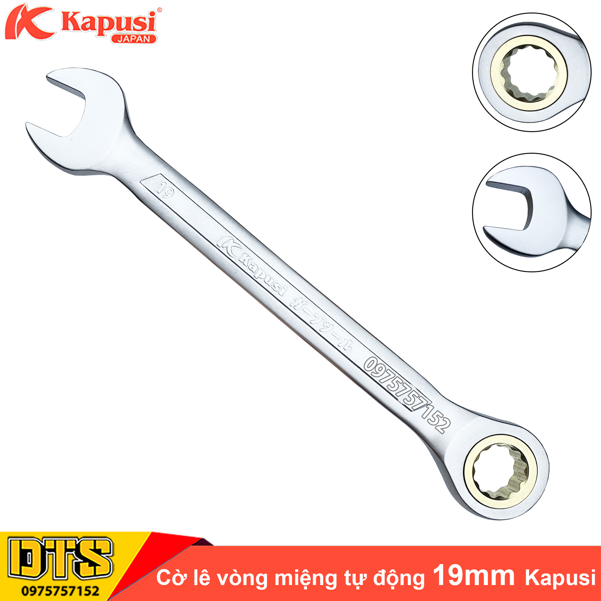 Cờ lê vòng miệng tự động 19mm Kapusi Japan, thép CR-V chịu lực cao 50BV30, đầu tròng xoay bánh cóc 72 răng - Cờ lê tự động xoay 360 độ, cờ lê bánh cóc, cờ lê tròng xoay