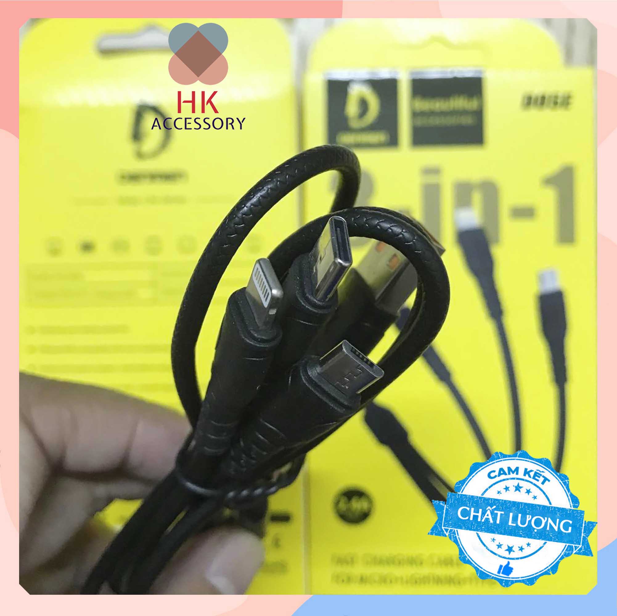 Cáp Sạc Đa năng 3 Đầu Bọc dù có 3 Cổng ra Lightning + Micro USB + Type C