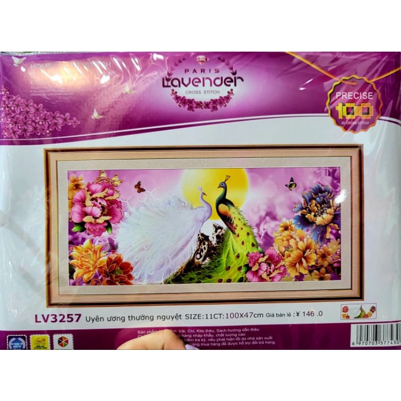[HCM]Tranh thêu chữ thập công uyên ương thưởng nguyệt LV3257 - kích thước 100 * 47