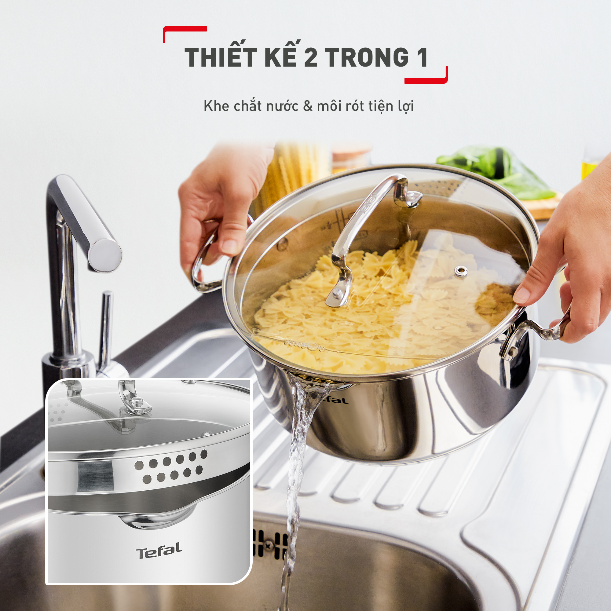 Bộ 3 nồi inox cao cấp Tefal Duetto Plus (Quánh 16cm - 1.4L, Nồi 20cm - 2.8L, Nồi 24cm - 4.9L)