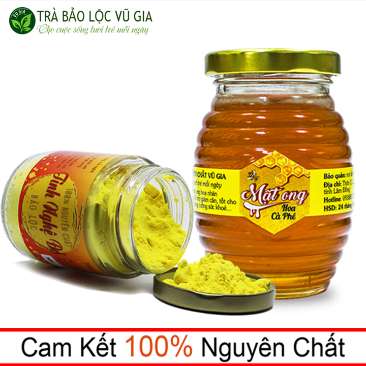 Combo Tinh Nghệ Đỏ 100g + Mật Ong Hoa Nhãn 200ml - Nguyên Chất Vũ Gia - Hỗ trợ đắp mặt, chăm sóc da, cải thiện dạ dày tiêu hóa, đại tràng hiệu quả - Đã được kiểm nghiệm y tế