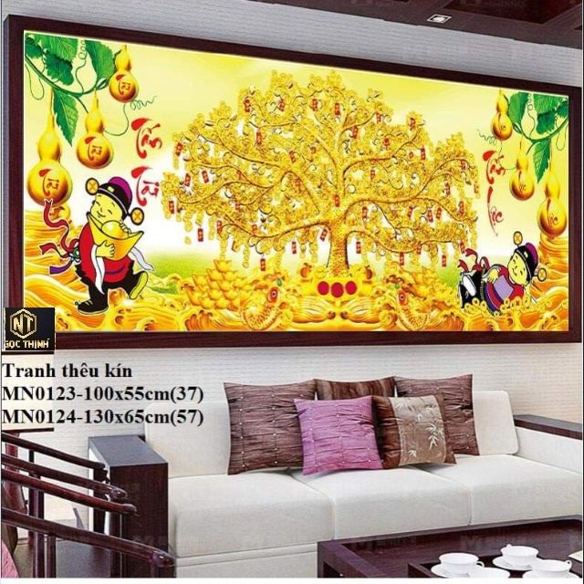 (90x45cm) Tranh thêu 3d cây kim tiền thần tài