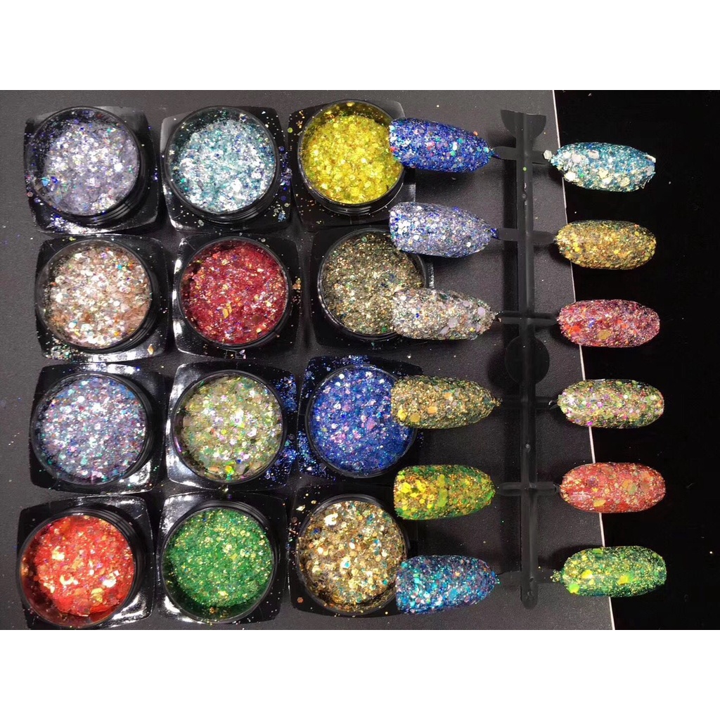Nhủ vảy cá Nail nhủ khổng tước nhủ kim tuyến siêu sáng trang trí móng tay set 12 hủ 12 màu giá rẻ