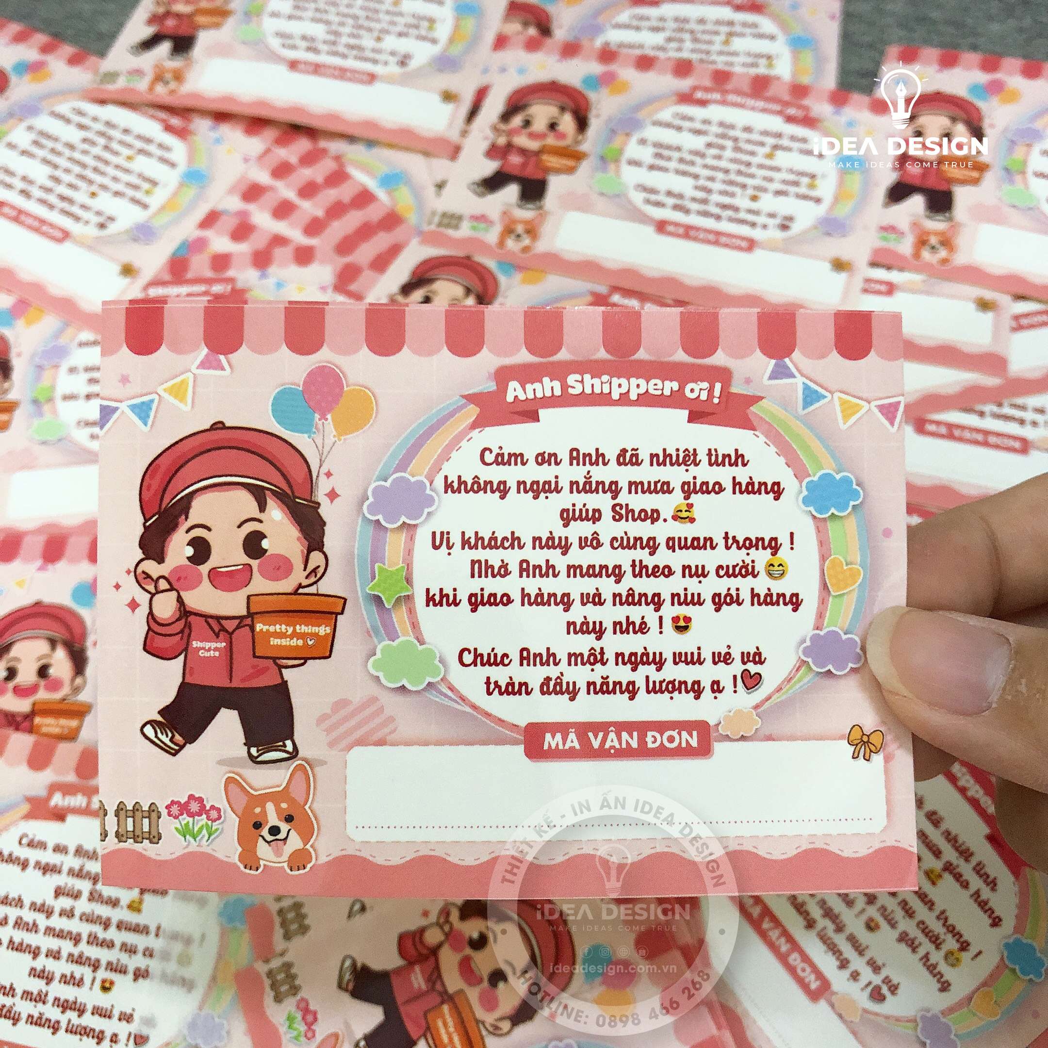 Decal Dán, Tem Nhãn Dán Cám Ơn Anh Shipper Có Ô Ghi Vận Đơn Và Keo Dính - Size 10x7cm Cán Màn Bóng, Chống Nước, Màu Cam Pastel