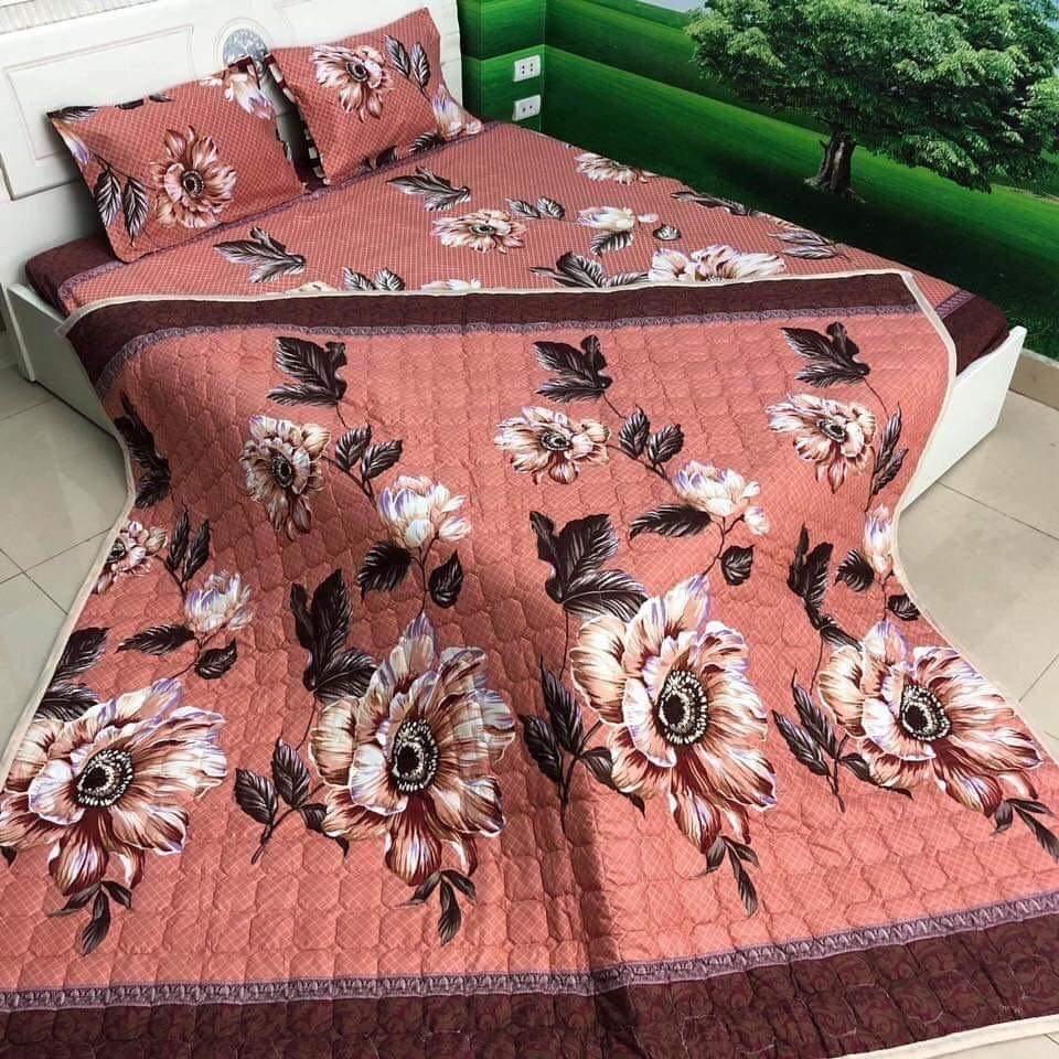 TRỌN BỘ 5 MÓN CHĂN TRẦN GA GỐI VỎ ÔM - MẪU HOA CAM NÂU -  ( nhắn tin cho shop để chọn size giường phù hợp nhé )