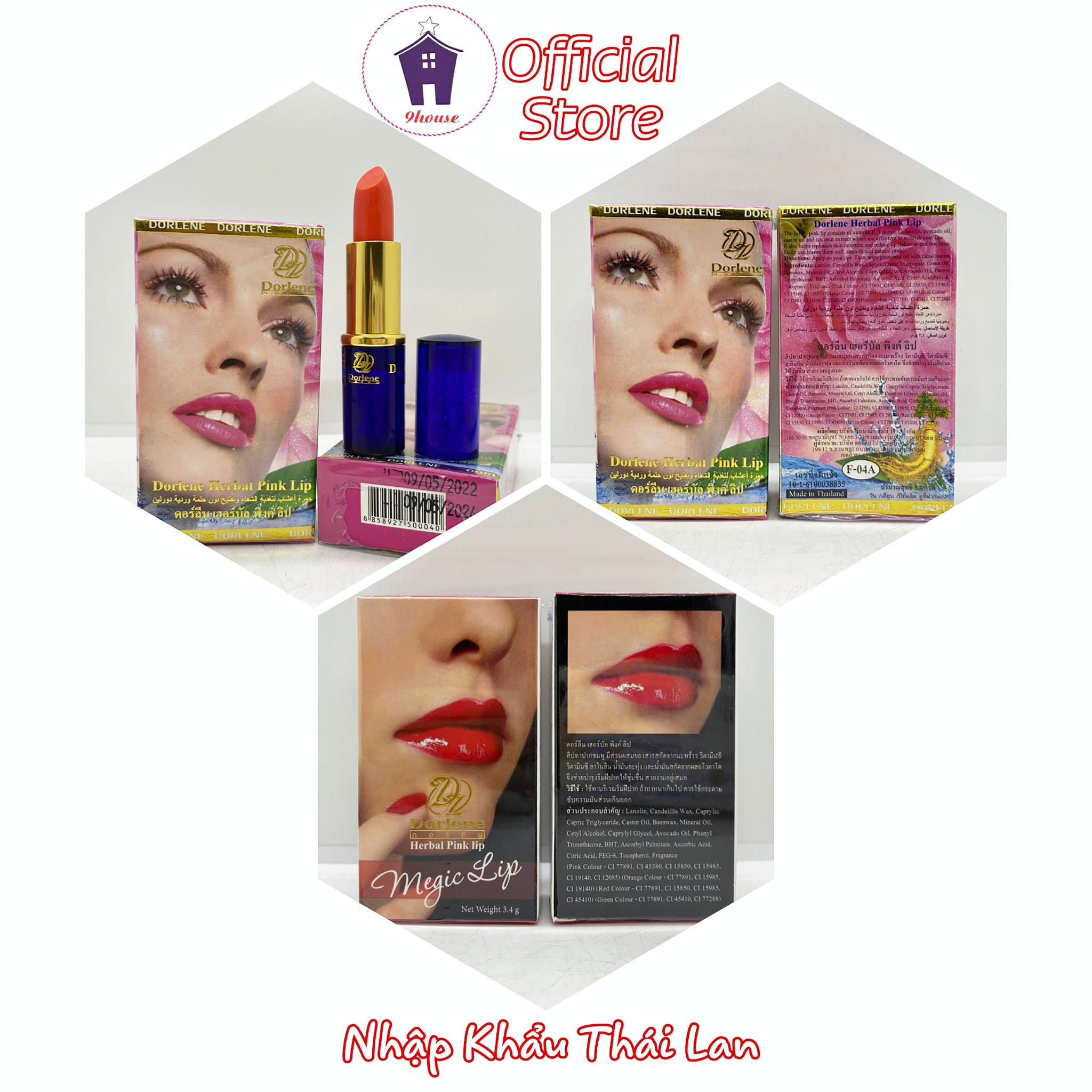 01 Son Sâm Giảm Thâm Môi Dorlene Herbal Pink Lip Thailand