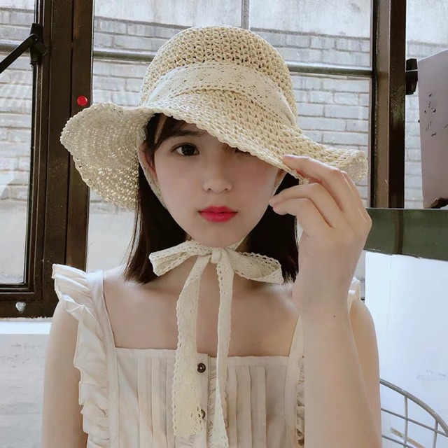 Mũ Cói Nón Cói Mềm Nơ Ren Siêu Dài