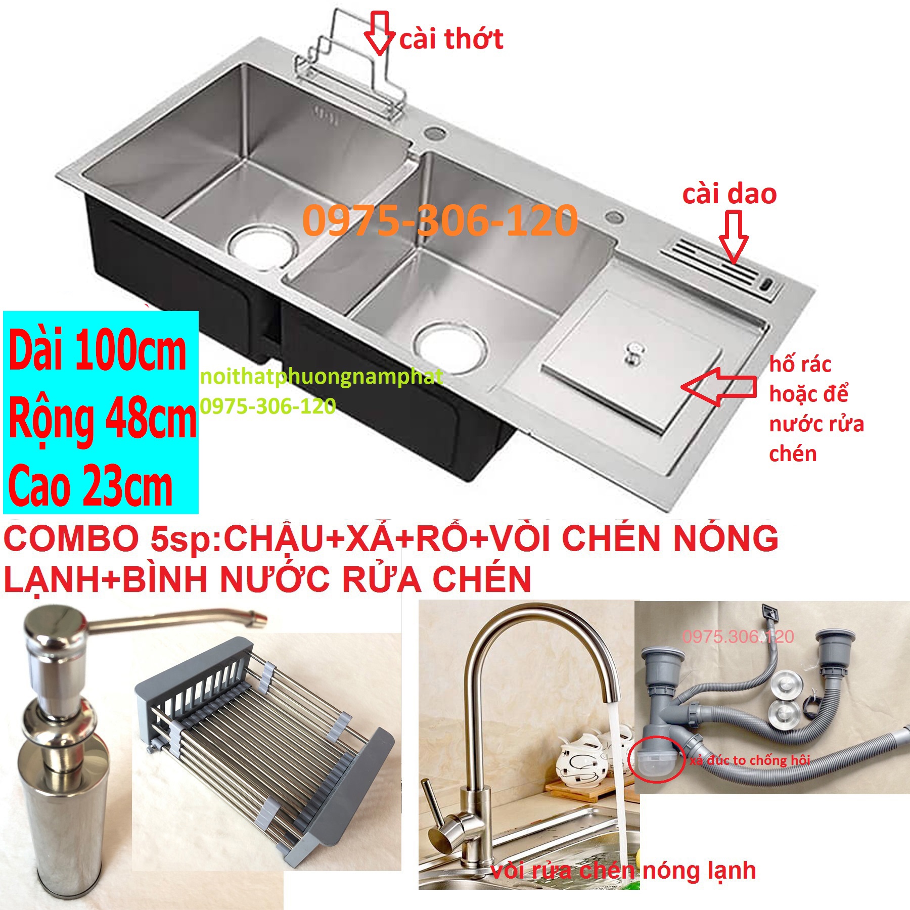 Combo Chậu Rửa Chén Bát INOX 304 N3 10048 NA.GRAND và Vòi Rửa Chén Nóng Lạnh và Bình Đựng Nước Rửa Chén và Xả Chậu và Rổ Rút Đa Năng bồn rừa chén inox