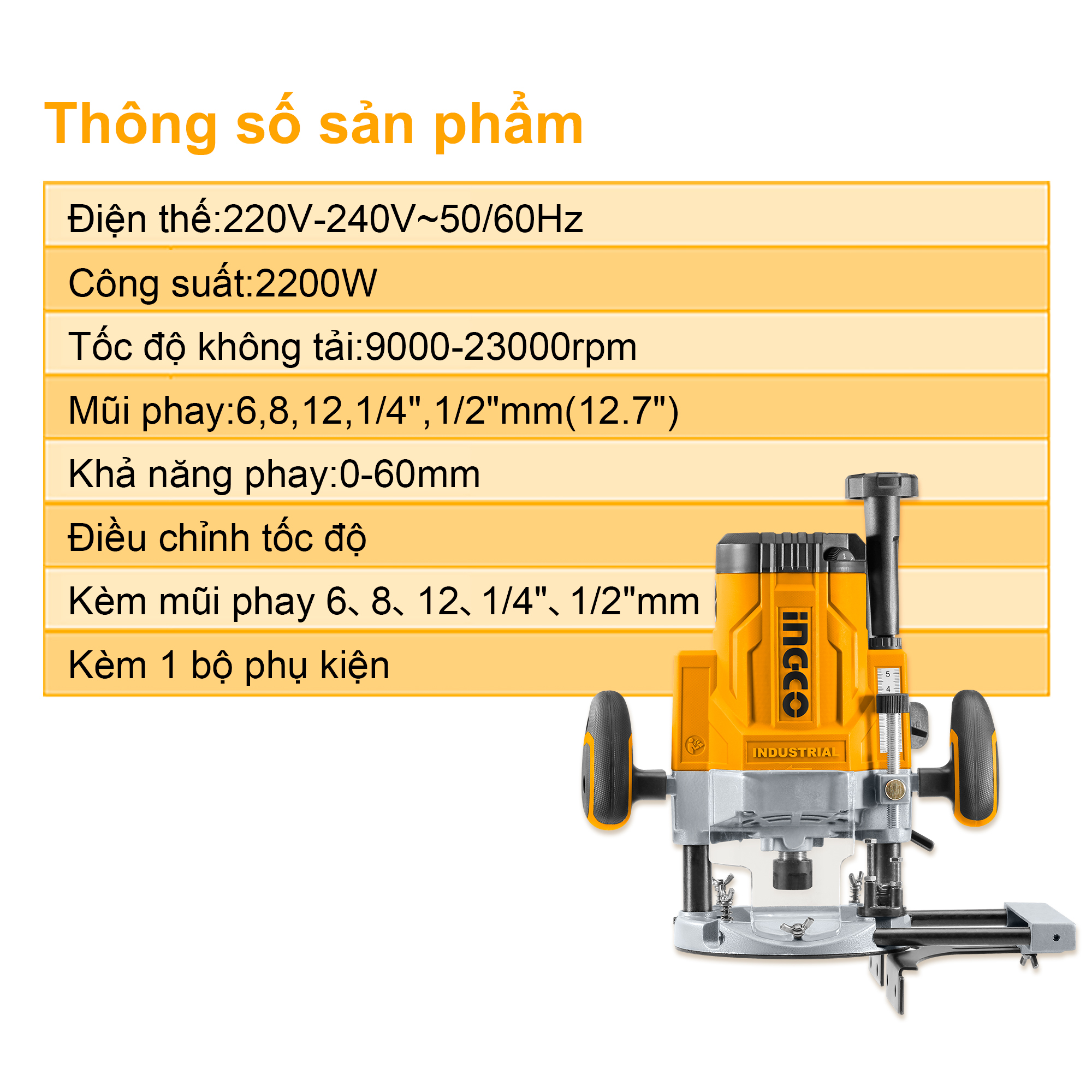 MÁY PHAY GỖ INGCO 2200W 12.7mm RT22008