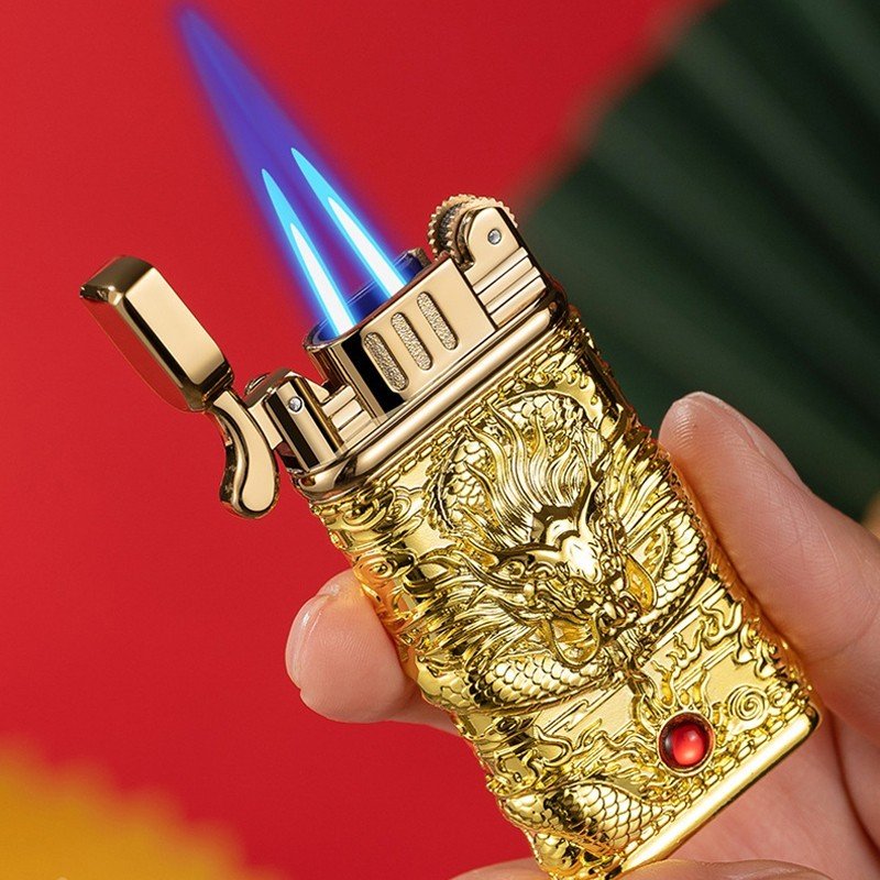 Vỏ hộp quẹt bật lửa gas xf2103 khò 2 tia hình rồng nhả ngọc tài lộc - có hộp,tặng phụ kiện