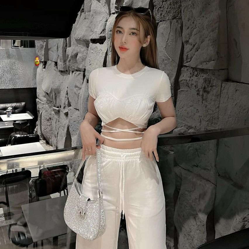Áo kiểu phối phi bóng tay ngắn croptop cột dây quấn eo cực hot