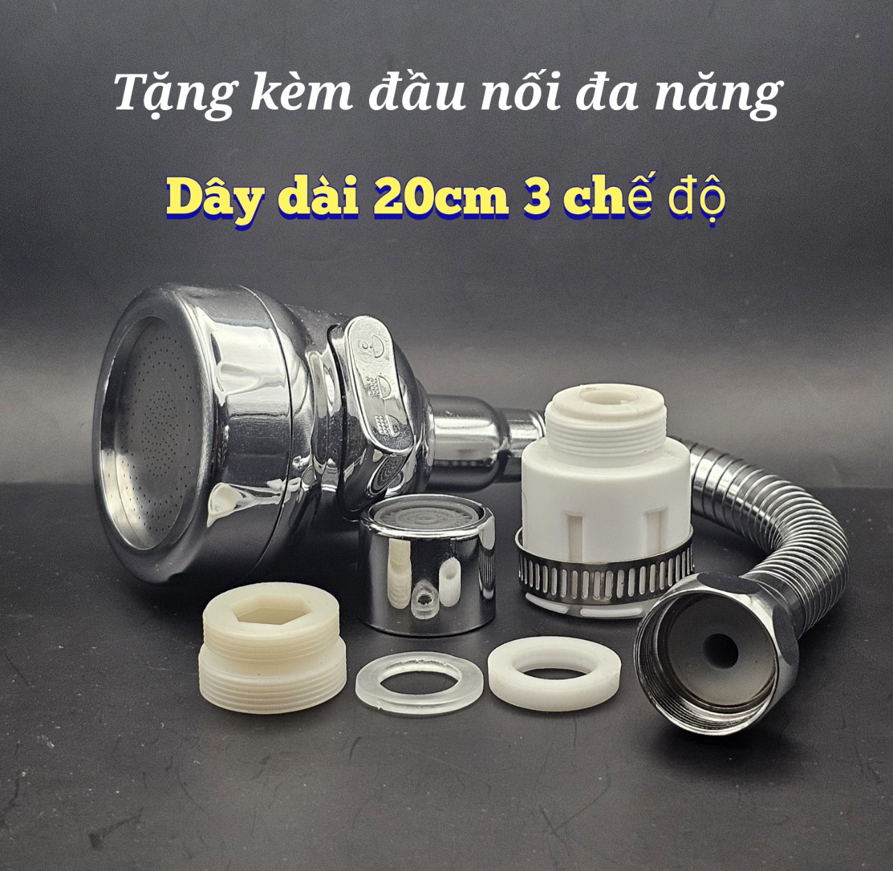 Dây nối dài vòi nước thép không gỉ 3 chế độ tia nước xoay 720 độ theo mọi hướng