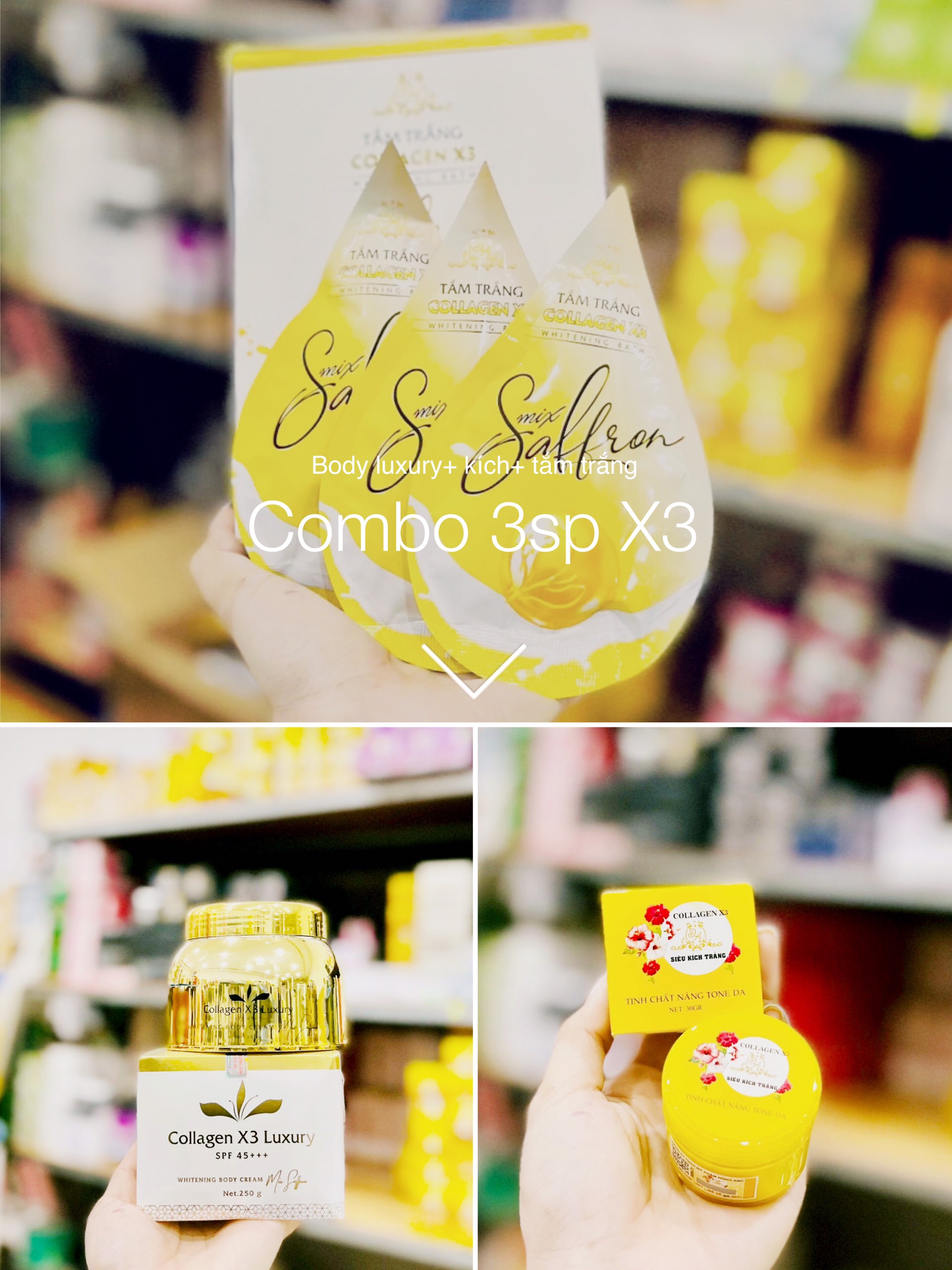 Combo Kem Body Luxury + Kích trắng X3 + Tắm trắng Collagen X3 Luxury Chính Hãng Đông Anh