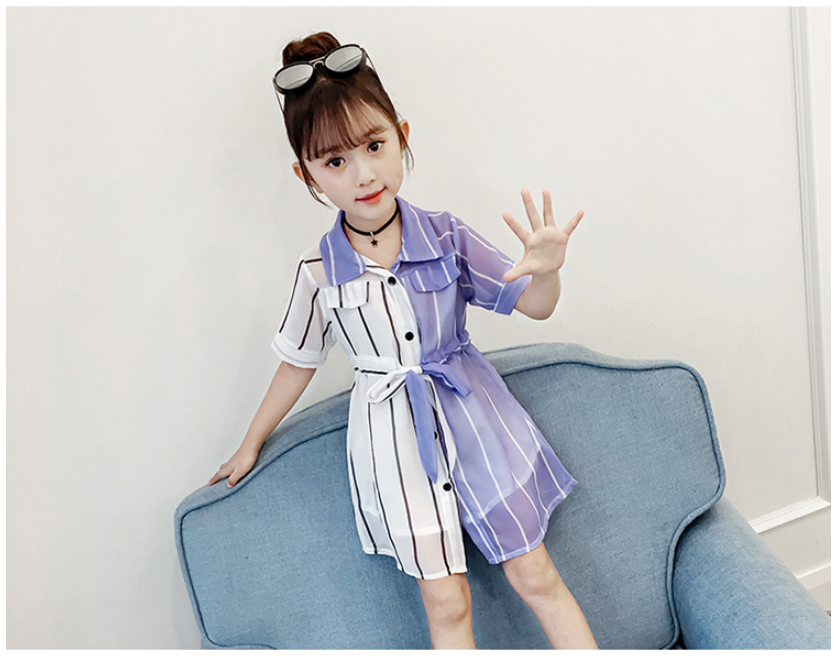 Váy sơ mi voan bé gái cao cấp, cộc tay, cổ bẻ, eo thắt dây nơ siêu xinh