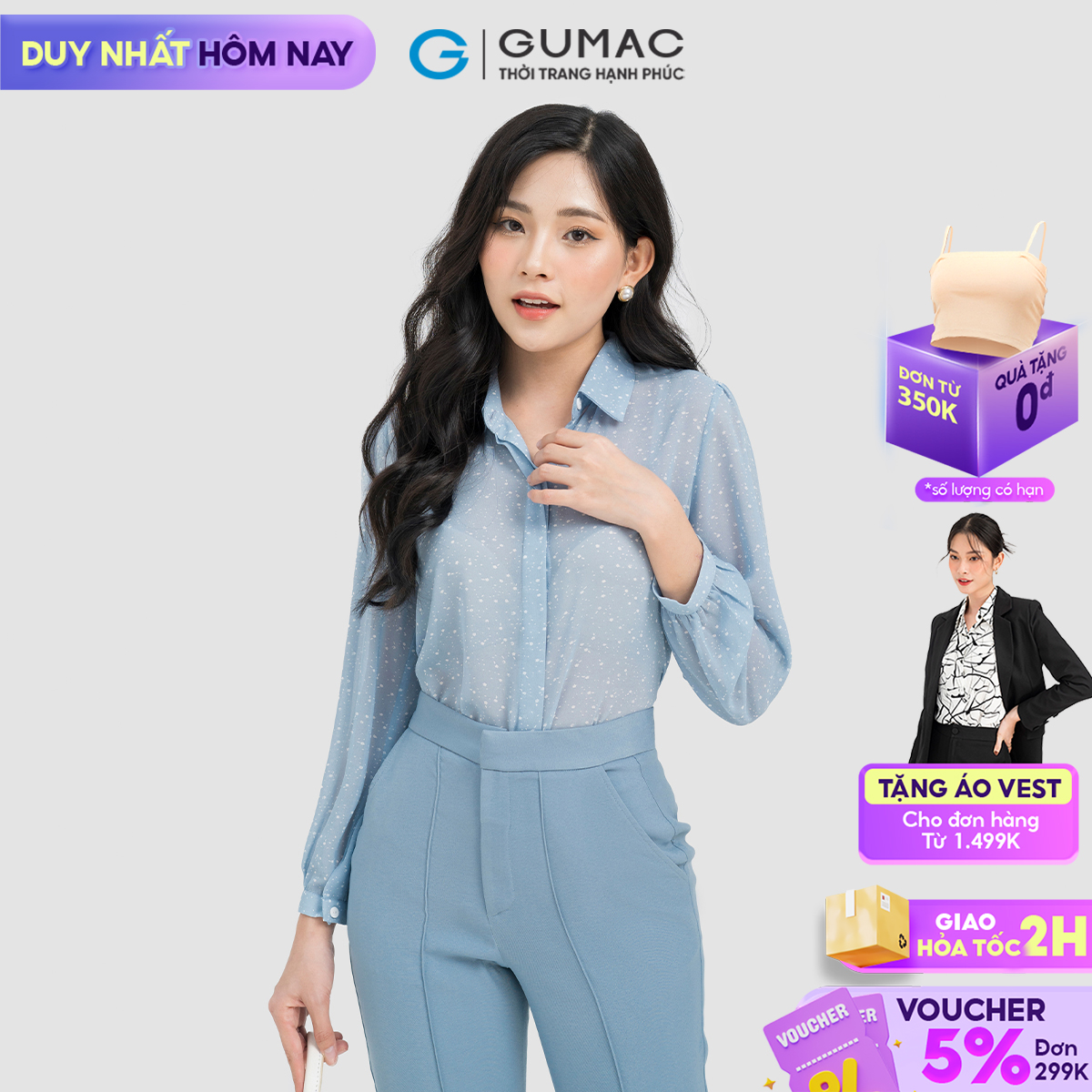 [CHỈ 4-6.4 | TẶNG ÁO THUN ĐƠN 799K] Áo sơ mi tay nhún GUMAC AD04002