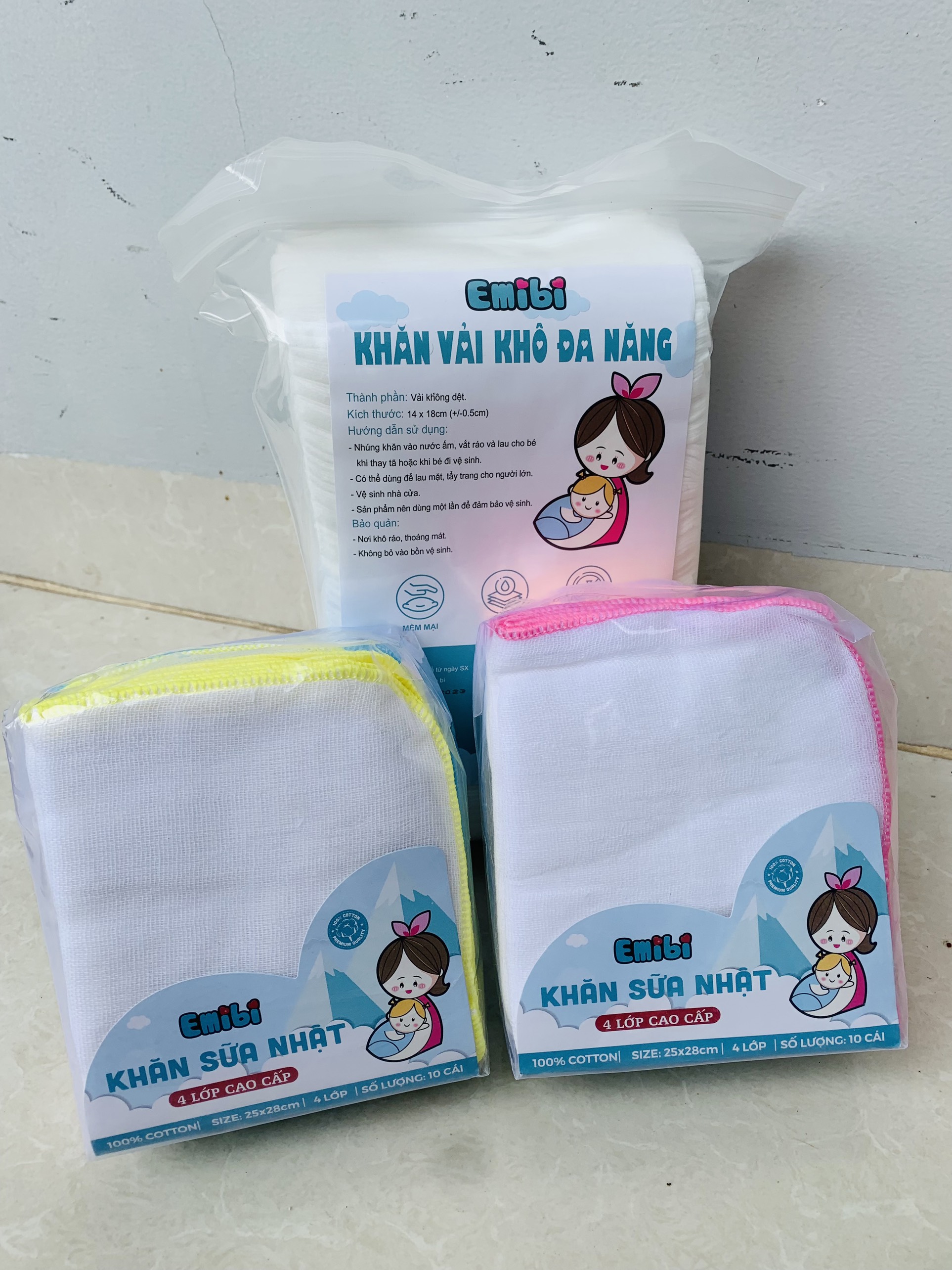 Khăn xô sữa cho bé 4 lớp gói 10 chiếc Emibi