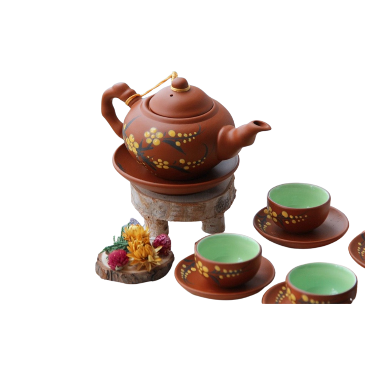 Bộ ấm chén gốm đất đỏ Bát Tràng vẽ hoa Mai