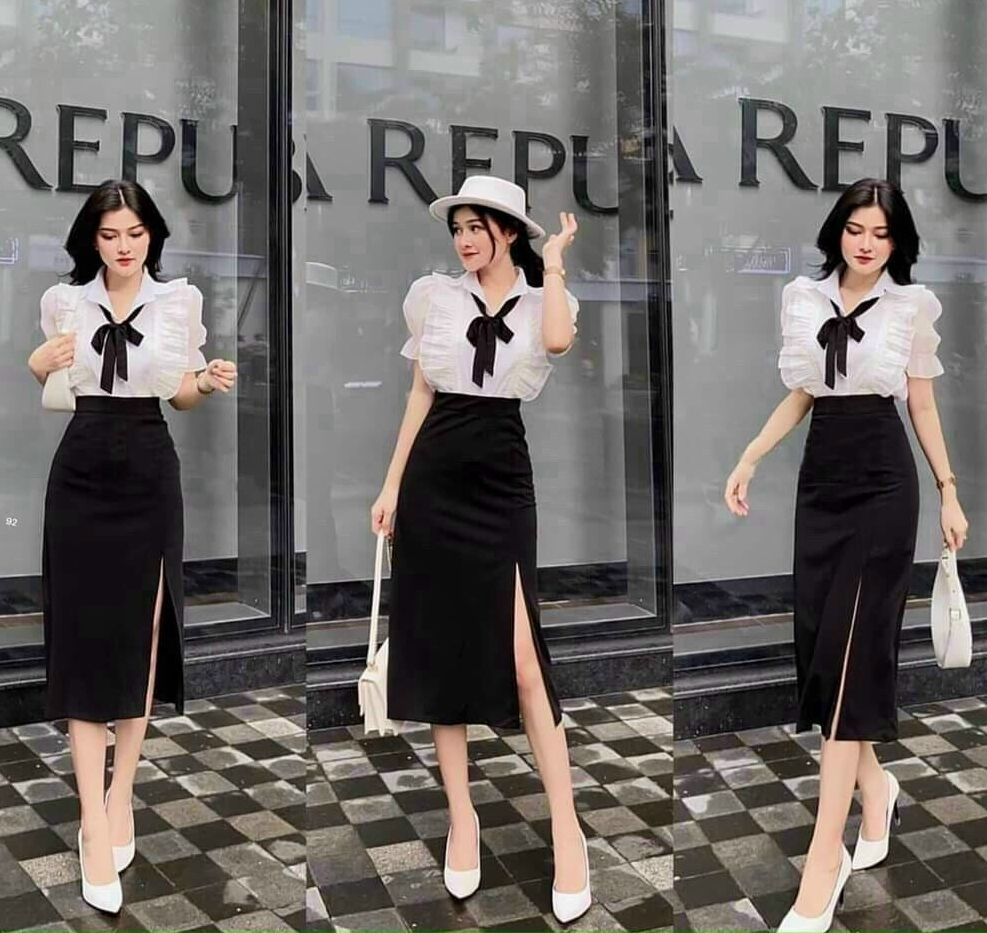 [MẪU MỚI] SÉT VÁY XẺ TÀ VÀ ÁO TAY BÈO HAI LỚP THẮT NƠ CỔ THANH LỊCH SANG TRỌNG PHÙ HỢP ĐI CHƠI ĐI DỰ TIỆC, DẠO PHỐ, ĐI LÀM THỜI TRANG THIẾT KẾ LANCHI EK80