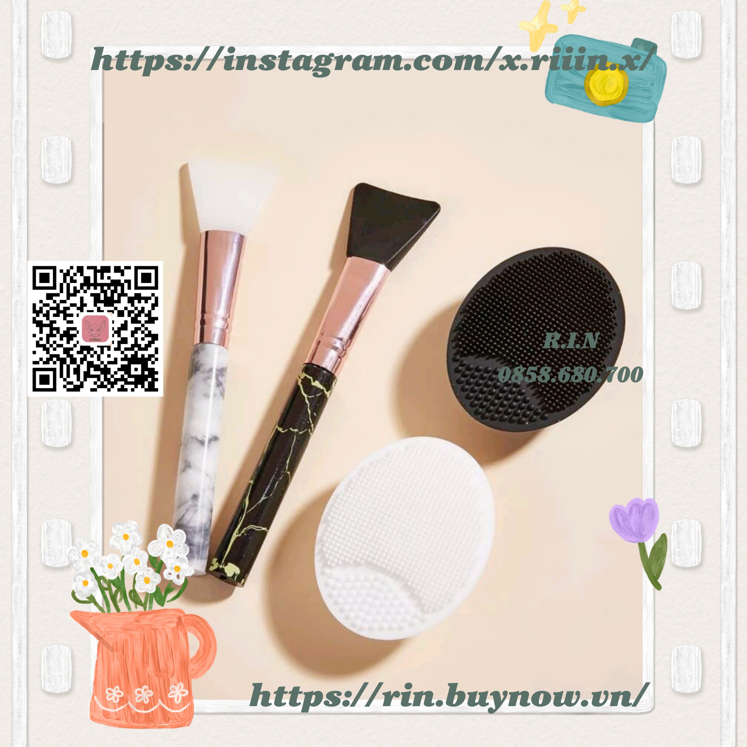 RIIIN Combo 1 cọ đắp mặt nạ & 1 cọ rửa mặt