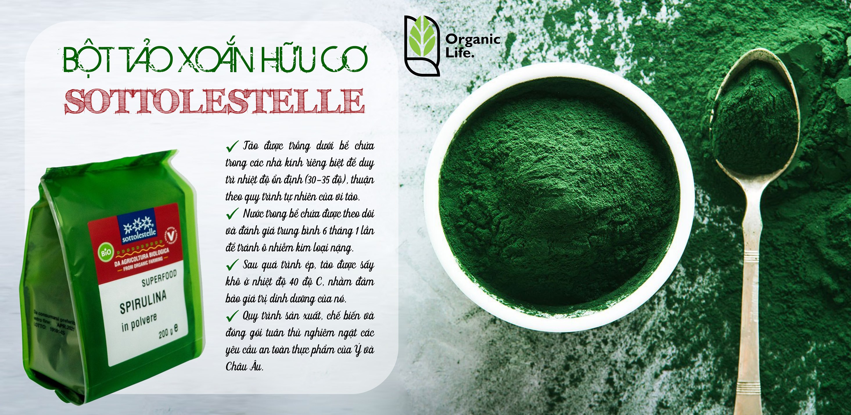 Bột tảo Spirulina hữu cơ Sottolestelle 200g