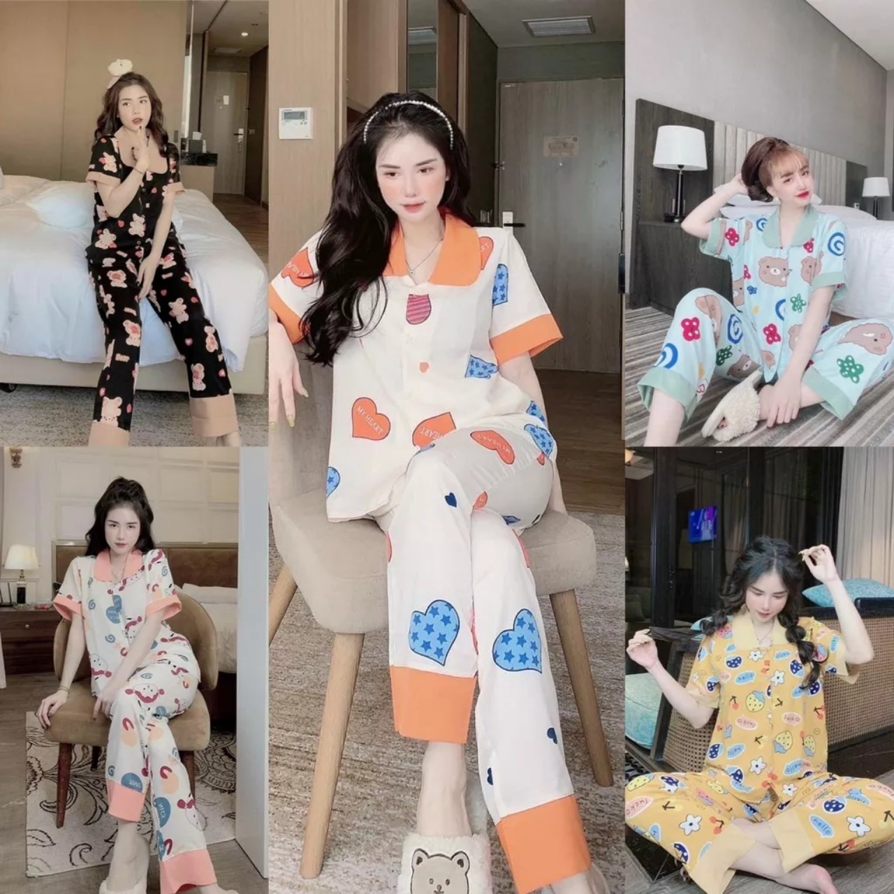 Bộ đồ ngủ mặc nhà áo cộc quần dài H1